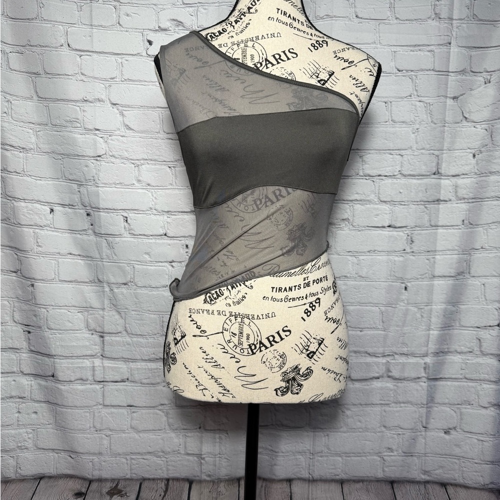 One Shoulder Sleeveless Gray Ultra Sheer Mesh Seethrough Bra Panel Crop Top
